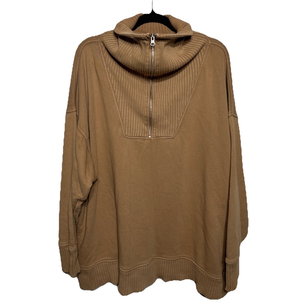 Aerie Turtle Zip Oversized Mixed Texture Sweater Carmel Brown Women's Size XXL
